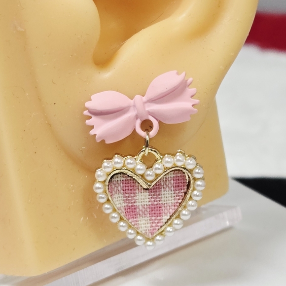 Pink Gingham Heart Dangle Earrings | Coquette Bow Pearl Valentine Studs Romantic - Picture 2 of 6